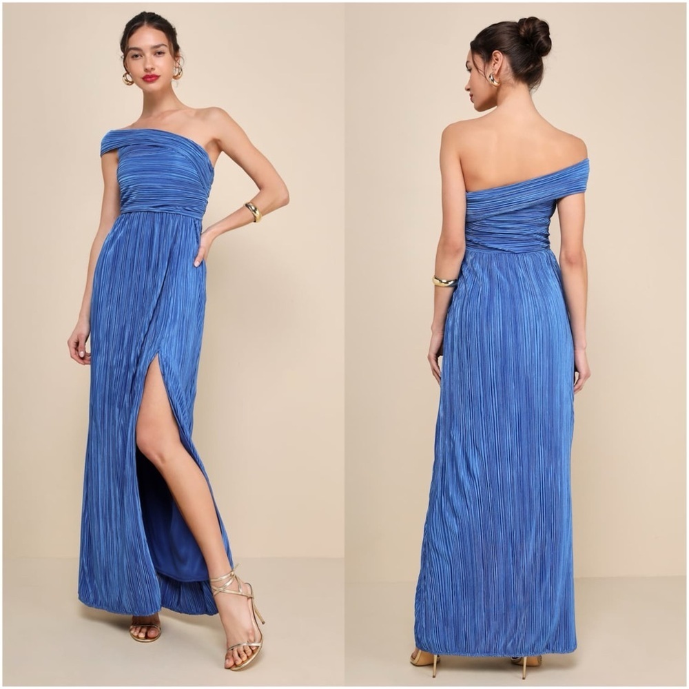 LULU'S Poised Performance Blue Plisse One-Shoulder Maxi Dress